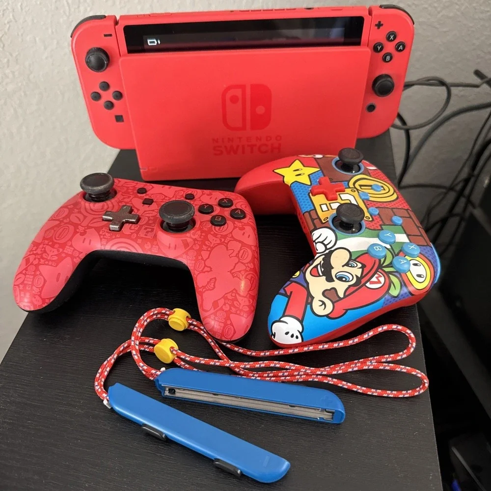 Super Mario Red Edition Nintendo Switch Console w/ Dock, Extra Mario Controllers